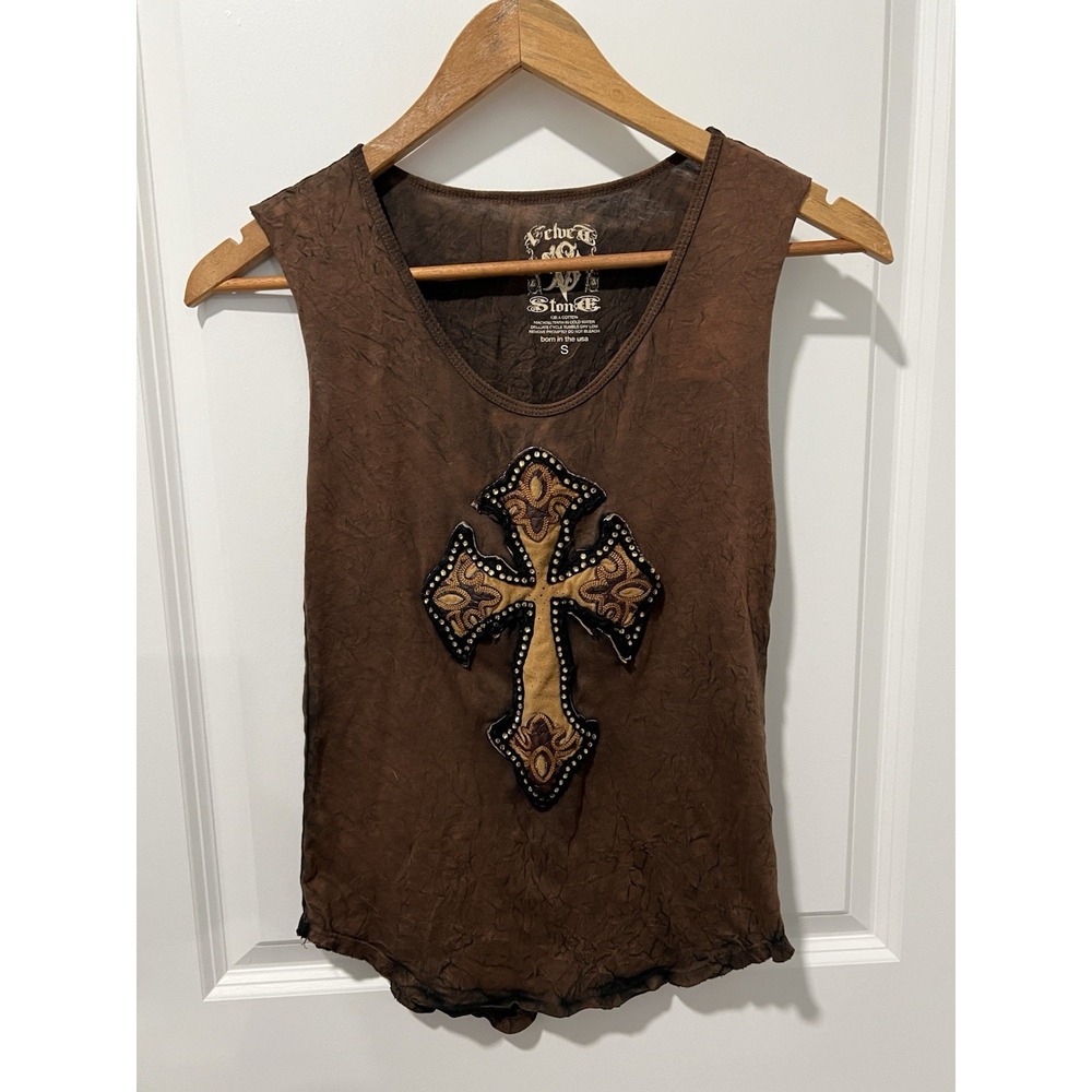Velvet Stone Women's Sleeveless Top Size Small Brown Washed Cross Logo Y2K